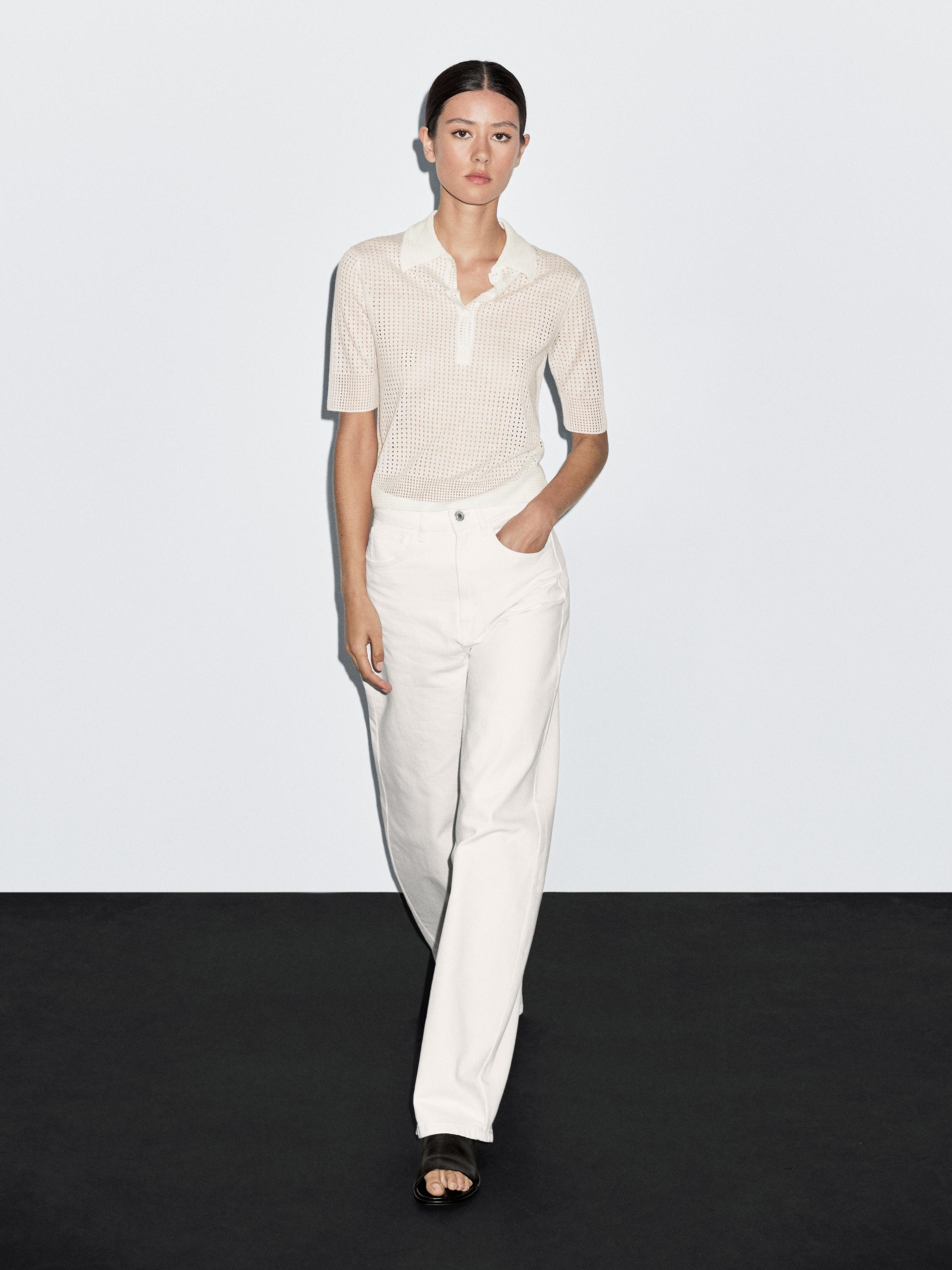 Open knit sweater with polo collar